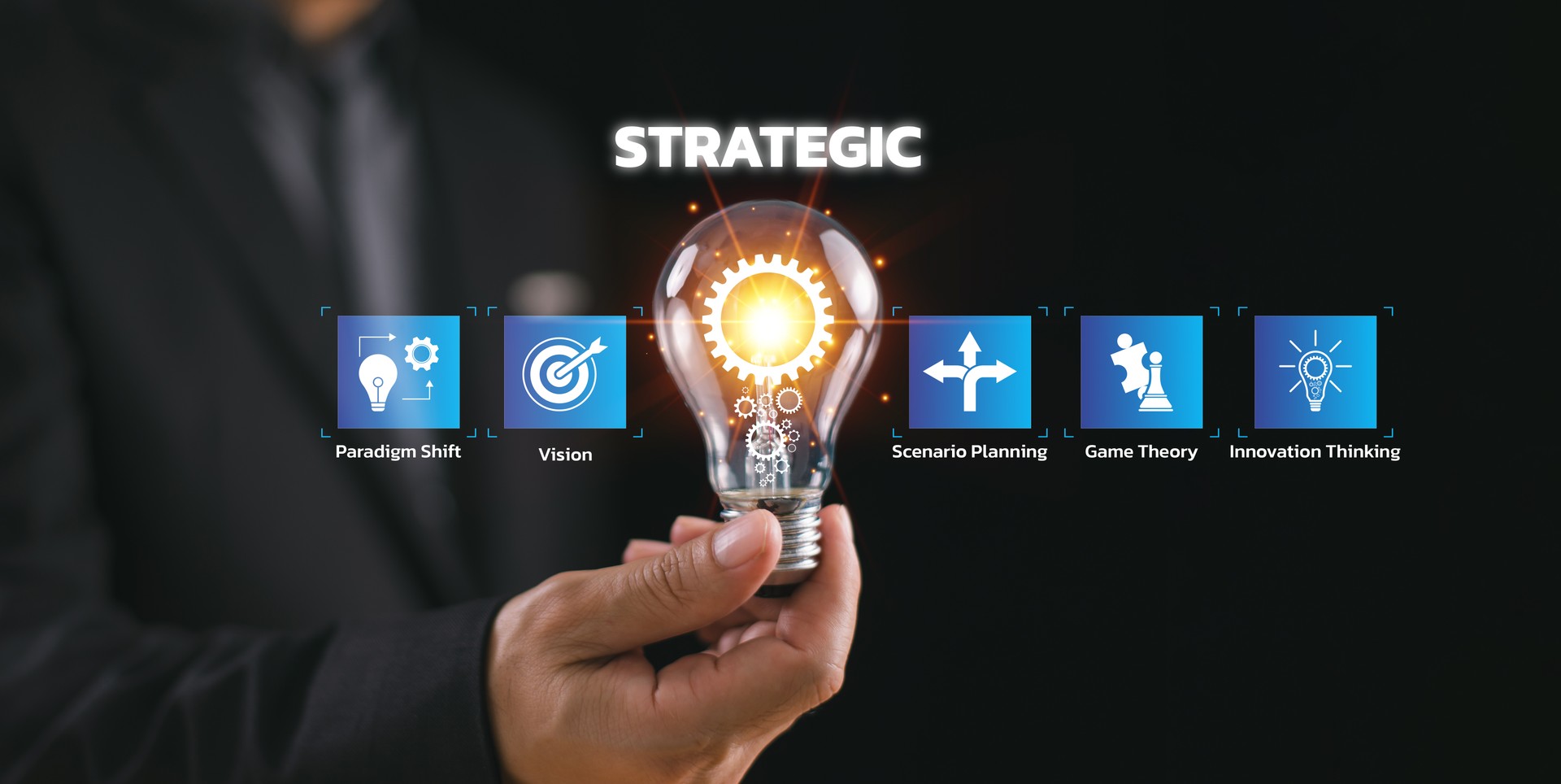 Strategic success planning concept. Leadership focus on business objective strategy. Leader vision as chess game for teamwork management idea. Manager hold light bulb, business opportunity target goal