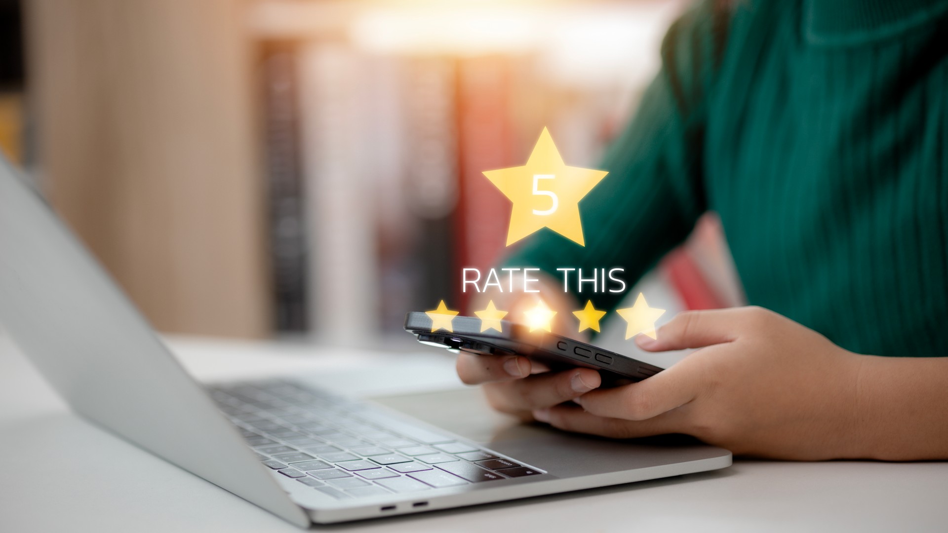 Customers press on the smartphone screen with a gold five-star rating feedback icon and press level excellent rank to give the best score point to review the service, business concept